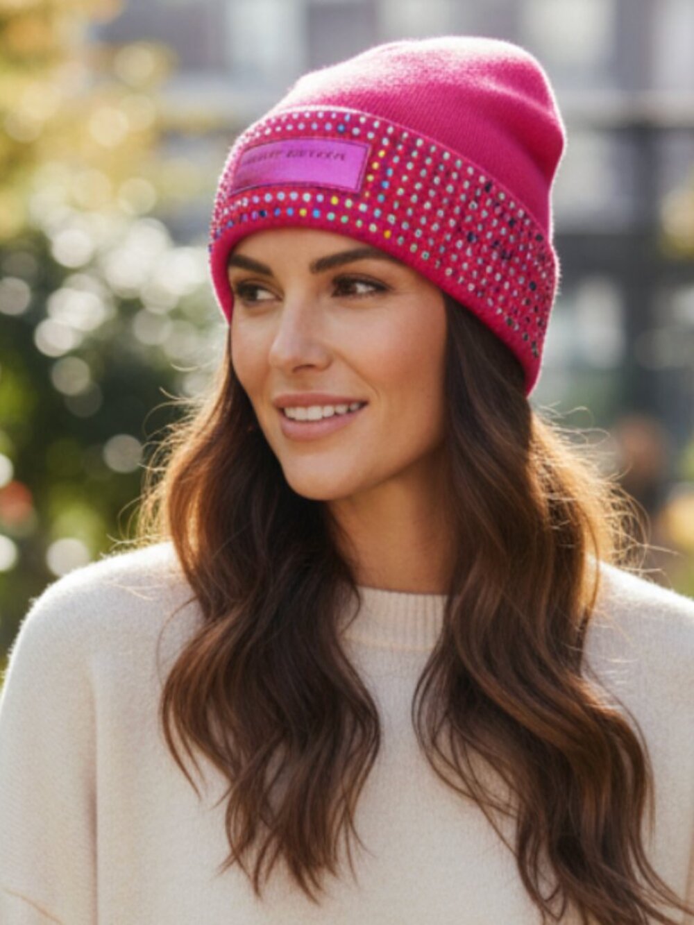 NWT Kurt Geiger London Logo Patch Crystal Cuff Beanie One Size, FUCHSIA MULTI